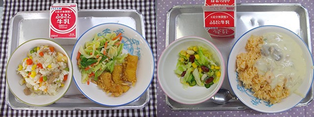 ある日の今井先生の学校給食。左はイカ、右はクリームソースのおかずを使った献立